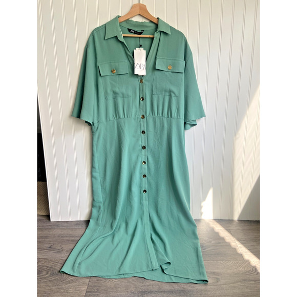 Zara Dress Women's Large Seafoam Boho Shirt Dress with Gold Buttons, NEW - Picture 1 of 5